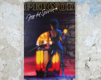1980s Pernod Poster, Free the Spirit, Woman at Jukebox, apéritif pastis France, alcoholic drink, advertising print wall art decor