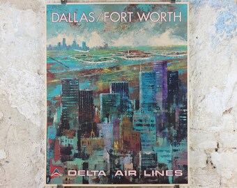 1970s Dallas / Fort Worth Delta Airlines Poster, Skylines of Dallas and Fort Worth and DFW Airport , Impressionism Aviation, wall art decor