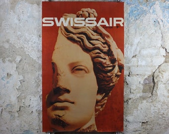 1964 Swiss Air Travel Poster, Europe, Greek Bust on deep red background, by Manfred Bingler travel tourism, holiday vacation, wall art decor