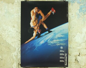 Vintage Barcelona Olympic Poster, Wrestling by Addison Allsport / NASA, 1992, XXV Olympiad, post modern, sport wall art 1990s