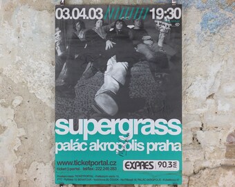 2003 signed Supergrass Concert Poster, Palac Akropolis Praha, signed by Gaz, Mick and Danny, Prague, Czechia, Britpop, music wall art decor