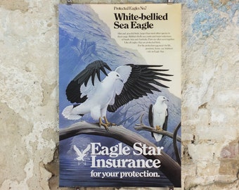 1980 White Bellied Sea Eagle Poster, Eagle Star Insurance, by Trevor Boyer, protected Eagles #7, fauna, zoology, wall art decor