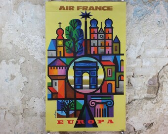 1963 Original Air France Poster, Europe by Jacques Nathan-Garamond, European tourist sites and landmarks, Aviation, travel wall art decor