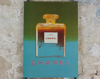 1997 No 5 Chanel Poster, by Andy Warhol, perfume bottle, cosmetics, from Selfridges advertising, bold green and blue, pop art wall art decor