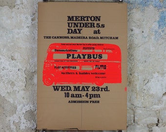 Merton Playbus Poster, Under 5s Day, The Cannons, Madeira Road, Mitchem, May 23, fluorescent pink, print lithograph wall art decor