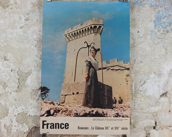 1960s Château de Beaucaire Nimes Poster, young lady in front of medieval castle, France, travel wall art decor