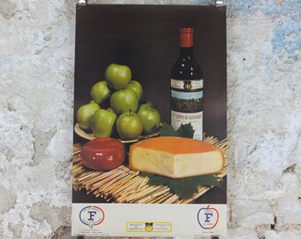 1960s Cheeses of France Poster, Baby Gouda, "Fromages de France", cheesemaking, viticulture, kitchenalia wall art decor
