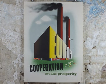 1950 ERP European Recovery Fund Poster, Cooperation Means Prosperity, Marshall Plan, Louis Emmerick, industry, European Union wall art decor
