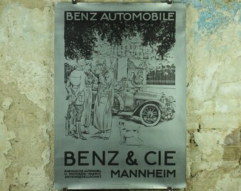 Vintage German Mercedes Benz Poster, Benz & CIE, Mannheim, art deco nouveau, Advertising print wall art 1980s