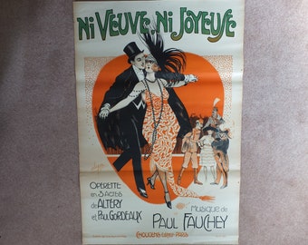 Original Vintage French poster Ni Veuve Ni Joyeuse theatre opera advertising art deco nouveau print Clerise wall art retro 1910s 1919