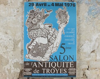 1976 French Antique Market Poster, Brocante and Braderie in Troyes in bold sky blue, wall art decor