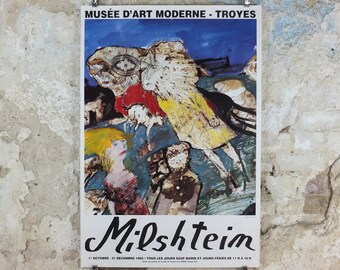1995 Zwy Milshtein Poster, colourful floating people, Cubism and Surrealism, gallery exhibition, wall art decor
