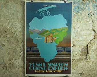 1981 Orient Express Poster, The Alps by Fix Masseau, French Alps Venice Simplon, art deco nouveau wall art decor