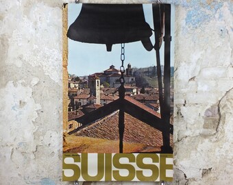 1970s Mendrisio Tessin Poster, Switzerland, church bell over the old town, Suisse Travel poster, Travel tourism vacation wall art decor