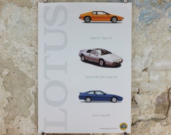2000s Lotus Poster, showing sports cars Esprit S1, Esprit X80 Turbo S1, Excel hung in dealer showroom, Group Lotus sports, wall art decor