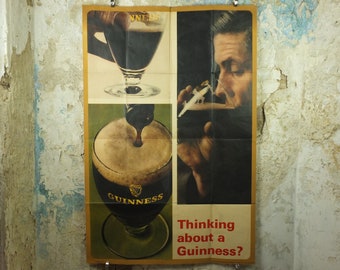 Large Guinness Poster, Thinking about a Guinness?, imposing and unique 1967 advertising, ale Irish stout beer, retro wall art