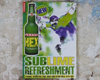 1990s Pernod Hex Poster, Alcopops, Snowboarder, Sublime refreshment, lime cola alcoholic drink, advertising print wall art decor