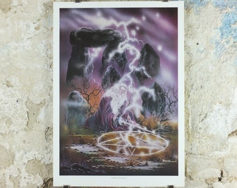 1990s Earth Magic Poster, by Peter Pracownik, lightning pentacle magic, from Rhiannon Press, fantasy fiction wall art decor