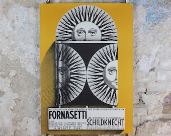 1962 Fornasetti Poster, Sun on ceramic by Piero Fornasetti in yellow, Italian luxury brand, artist & designer, advertising wall art decor