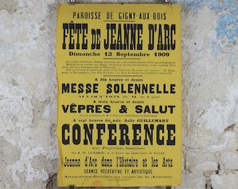 1909 Joan of Arc Poster, Fete Jeanne d'Arc, Orleans Reims Lourdes, paroisse de Gigny aux Bois, wall art decor