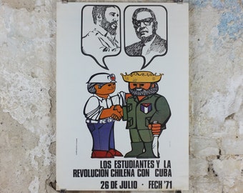 1971 Chile Allende Poster, solidarity with Fidel Castro's Cuba, Chilean Socialist Government, wall art decor