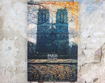 Notre Dame de Paris Poster, 1960s, church door, Our Lady of Paris, medieval cathedral on the River Seine, France, travel wall art decor