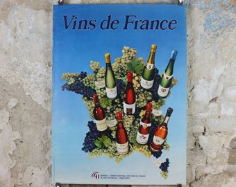 1974 Wines of France Poster, Types of French wines, Vins de France, advertising and marketing, Viticulture print wall art decor