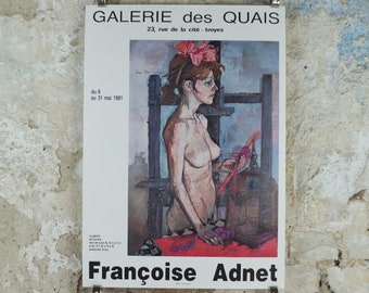 1981 Francoise Adnet Poster, Sad, stark nude with birdcage, modern post war figurative expressionism, gallery exhibition wall art decor