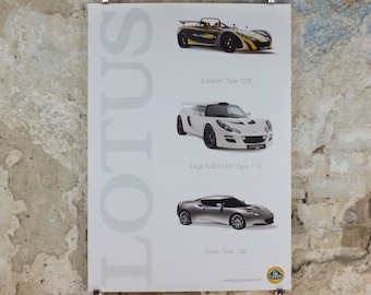 2000s Lotus Poster, showing the sports cars 2 Eleven, Exige S 2010 MY, Evora hung in dealer showroom, Group Lotus sports, wall art decor