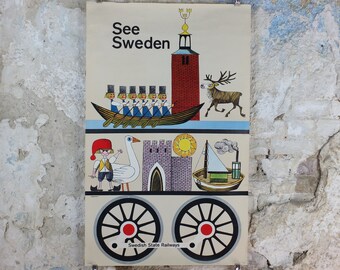 1962 Sweden Travel Poster, "See Sweden" by Lagerson, Svenska Tryckeri, Swedish State Railways, tourism vacation wall art decor
