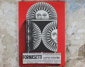 1963 Fornasetti Poster, Sun on ceramic by Piero Fornasetti in red, Italian luxury brand, artist & designer, advertising retro wall art decor
