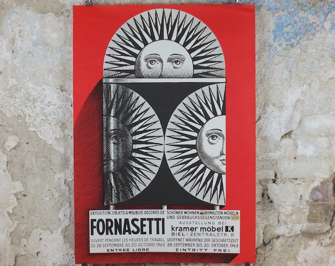Featured listing image: 1963 Fornasetti Poster, Sun on ceramic by Piero Fornasetti in red, Italian luxury brand, artist & designer, advertising retro wall art decor