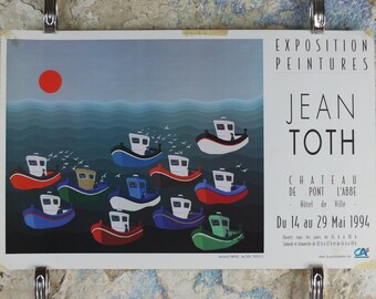 1994 Boats on the Sea Poster, Jean Toth, colourful tugs, seascapes, French painter, wall art decor