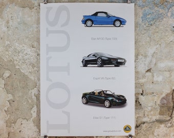 2000s Lotus Poster, showing the sports cars Elan M100, Esprit V8, Elise S1 hung in dealer showroom, Group Lotus sports, wall art decor