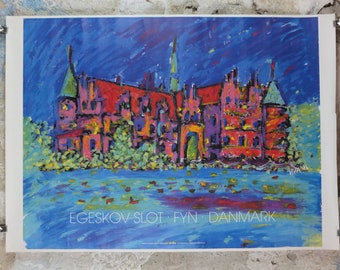 1991 Egeskov Slot Poster, by Birger Lindahl, Danish castle on the island of Fyn in Denmark, visual artist gallery exhibition, wall art decor
