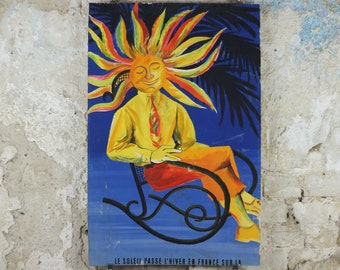 1950s Sun French Riviera Poster, trimmed travel poster from Côte d'Azur, by Jacques Dubois, sitting sun, blue & yellow, wall art retro decor