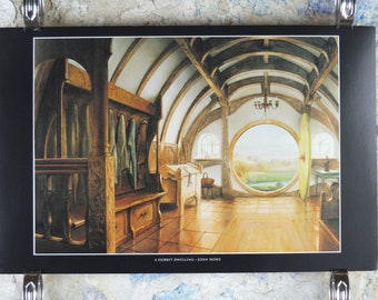 Vintage A Hobbit Dwelling by John Howe Poster, Bag End, Tolkien, Lord of the Rings, Fellowship of the Ring illustration print wall art decor