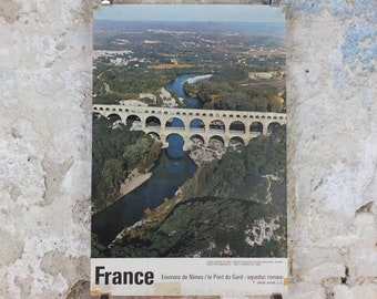 1960s Pont du Gard Nimes Poster, Roman Aqueduct, France, travel wall art decor