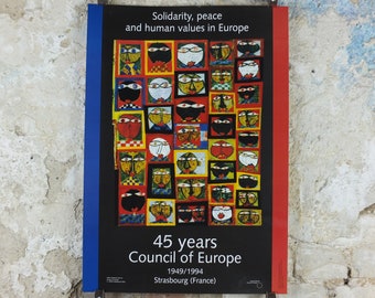 1994 Council of Europe Poster, by Friedensreich Hundertwasser, Human Rights, democracy and the rule of law in Europe, wall art decor