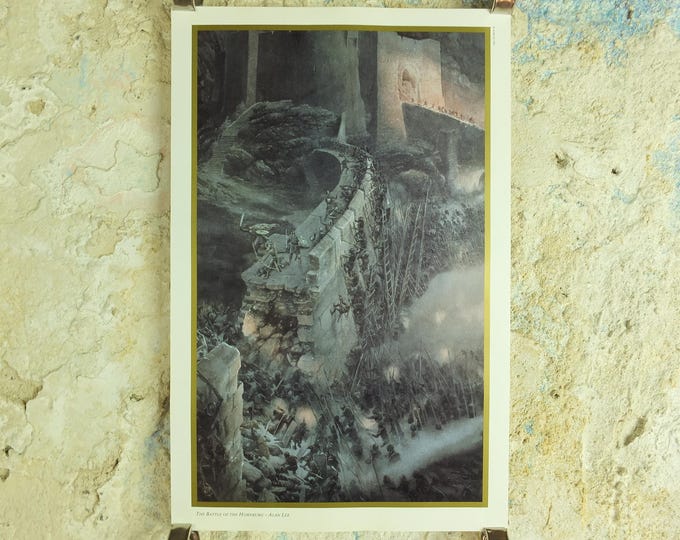 Featured listing image: 1994 The Battle of the Hornburg Poster, by Alan Lee, Tolkien Centenary Lord of the Rings, Helms Deep Rohan, Two Towers, print wall art decor