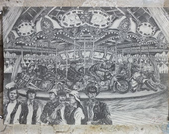 1970s Motorcycle Carousel Poster, Signed, motorbike bike, bikers merry-go-around by K Royle, wall art retro decor