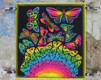 1971 Butterflies Poster, by M C Escher, black light fluorescent, the butterflies are colourful, interlocking and psychedelic  wall art decor