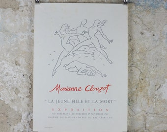 1965 Marianne Clouzot Poster, la jeune fille et la mort, the girl and death, surrealist avant-garde Dada, gallery exhibition wall art decor