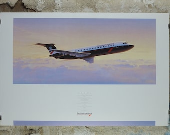 1989 British Airways Poster, British Aerospace BAC 1 - 11, by Roy Huxley, BA Aviation aircraft aeroplane plane, travel wall art decor