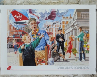 1990s Virgin Atlantic London Poster, by Paul Simmons, Double Decker Bus, United Kingdom, Great Britian, Aviation, travel wall art decor