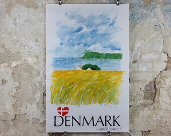 1970s Denmark Travel Poster, Denmark - You'll Love It, painting of Danish seascape, Danish Tourist Board, Travel tourism, wall art decor