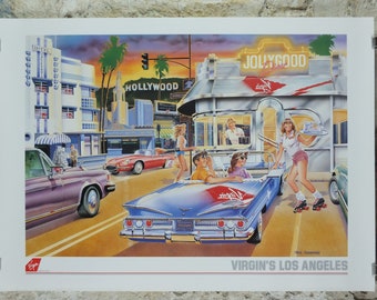 1990s Virgin Atlantic Los Angeles Poster, by Paul Simmons, California, roller skate drive in diner, USA, Aviation, travel wall art decor