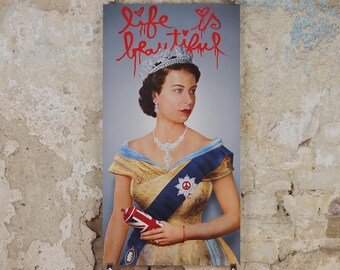 2012 Mr Brainwash Poster, Queen Elizabeth II with union flag spray can, Life is Beautiful, Pop Art exhibition, wall art decor