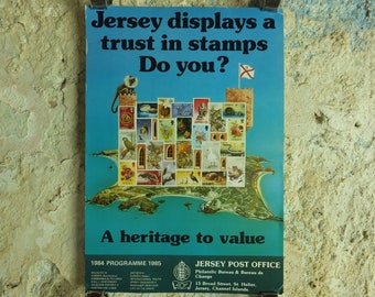 Original Vintage Jersey Stamps Post Office Poster Philatelic Bureau St Helier Channel Islands decor print wall art 1980s