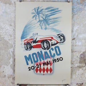 1950年モナコグランプリポスター、ベルナール・ミンヌ作、1983年モナコ自動車クラブ再版、モータースポーツ、壁アート装飾